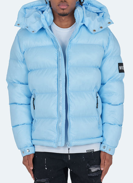 Blue shiny cheap puffer coat