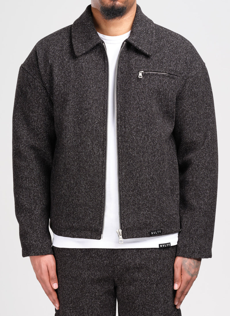 Heavyweight Wool Textured Zipper Jacket - Black