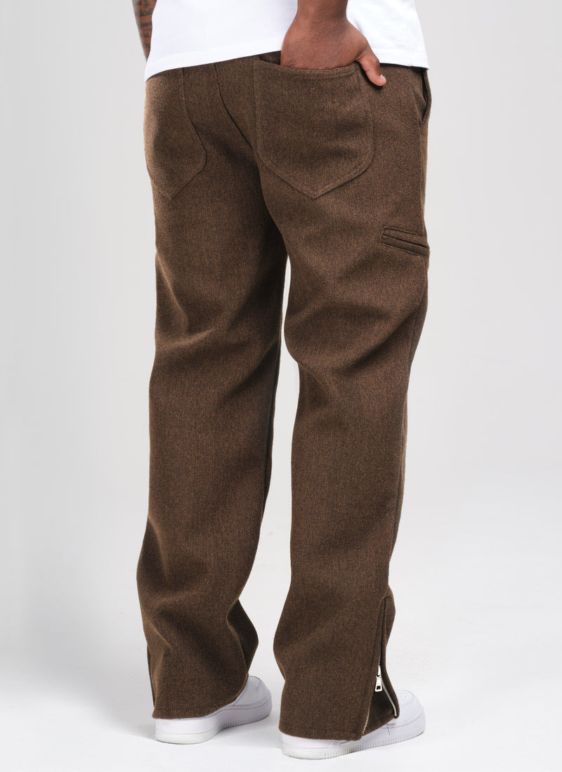 Heavyweight Wool Textured Zipper Pants - Brown