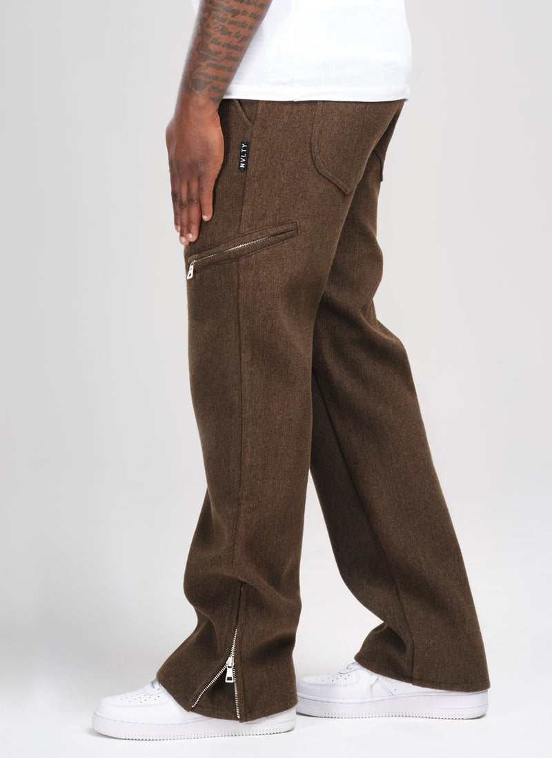 Heavyweight Wool Textured Zipper Pants - Brown