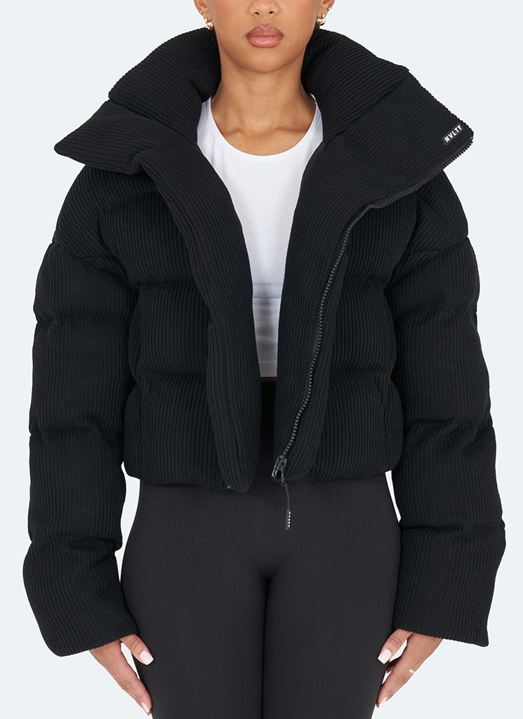 Knit Shawl Collar Puffer Jacket - Black