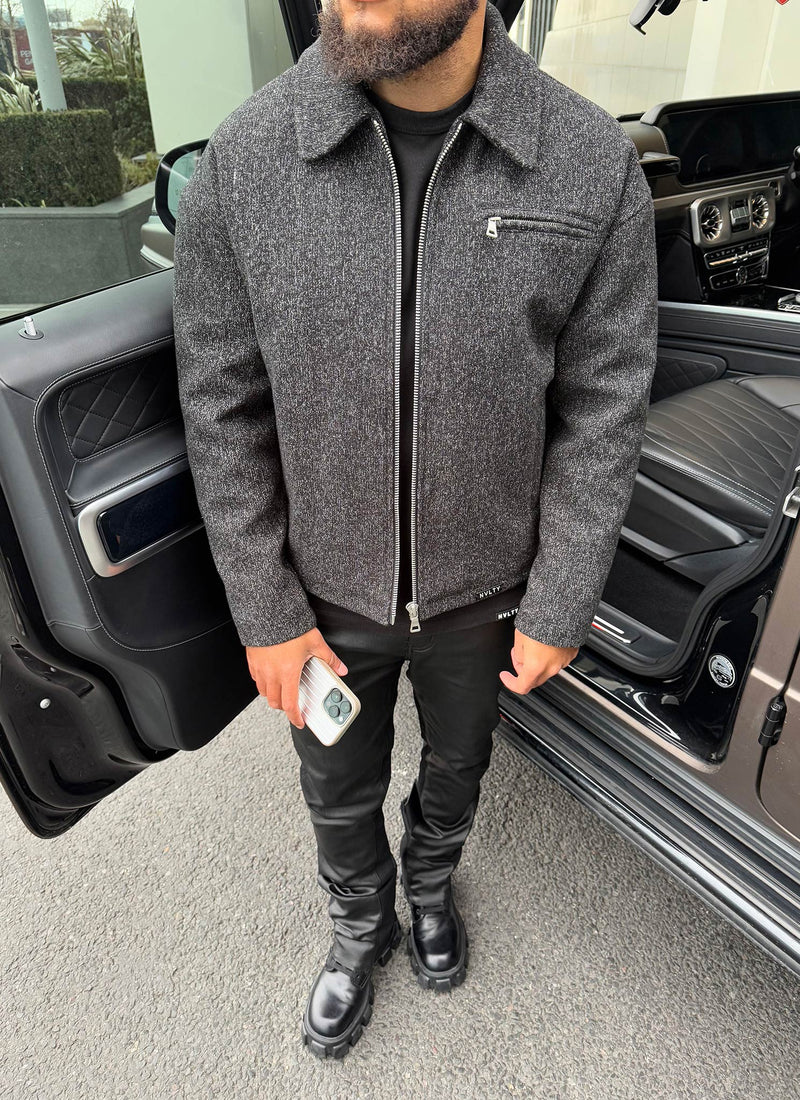 Heavyweight Wool Textured Zipper Jacket - Black