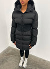 Long Cinched Waist Puffer Jacket - Black