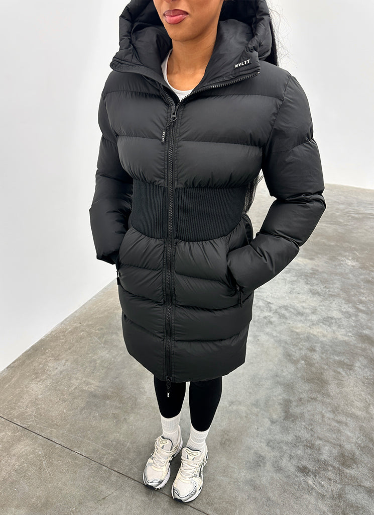 Long Cinched Waist Puffer Jacket - Black