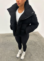 Knit Shawl Collar Puffer Jacket - Black