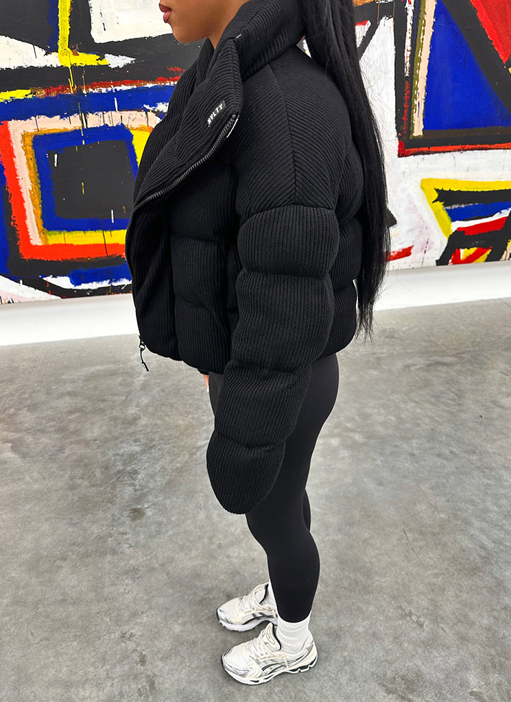 Knit Shawl Collar Puffer Jacket - Black