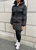 Long Cinched Waist Puffer Jacket - Black