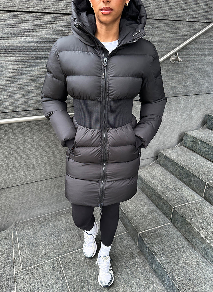 Long Cinched Waist Puffer Jacket - Black